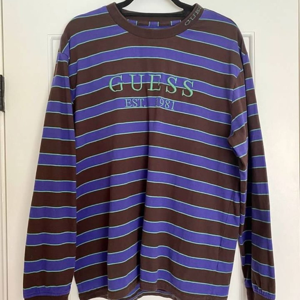 Guess Est. Logo Striped Long Sleeve T-Shirt, L